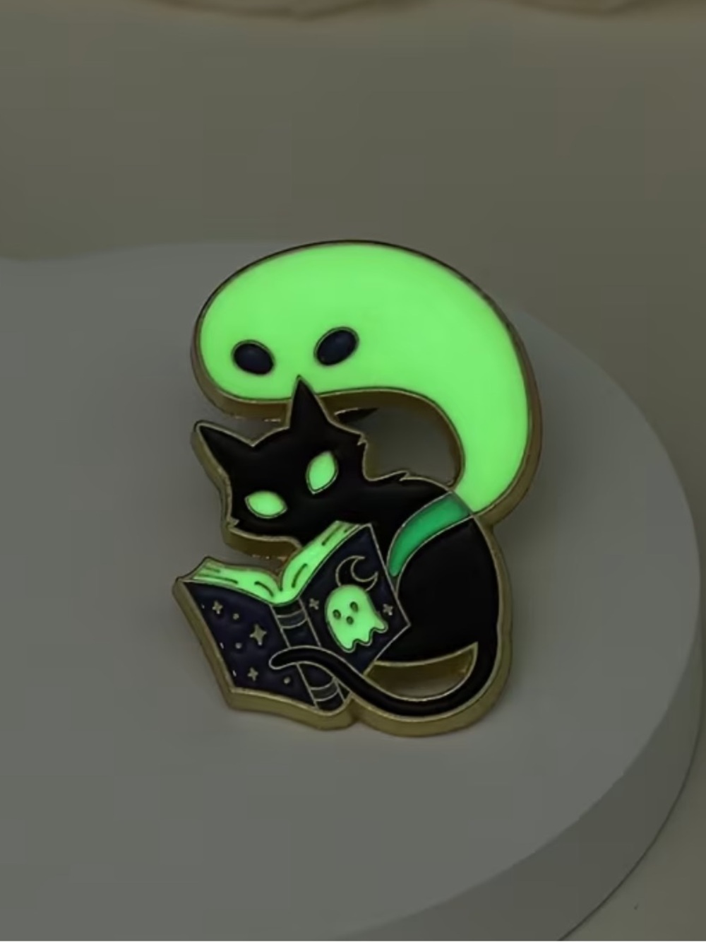 Black Cat & Ghost Enamel Pin — Glow Green Accents